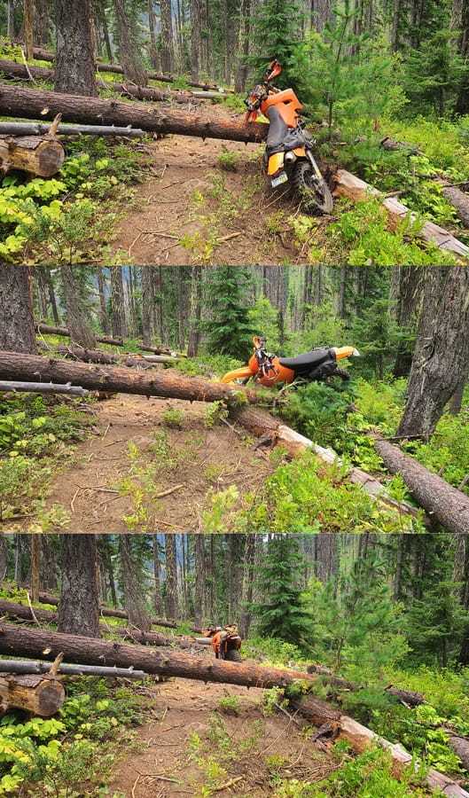 collage of three photos with a motorcycle behind, on and in front of a log