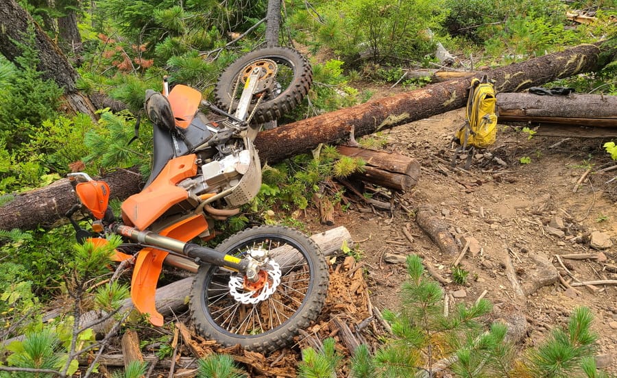 motorcycle laying sideways over a log