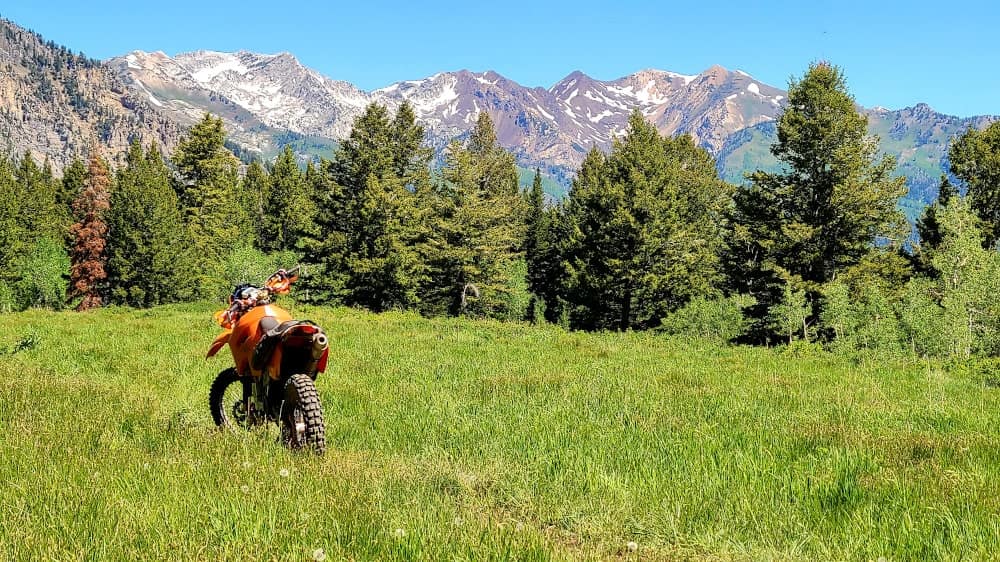 motorcycle parked in a green meadow with mountains behind