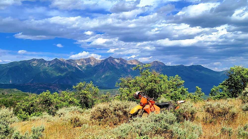 motorcycle parked in bushes with moutains behind