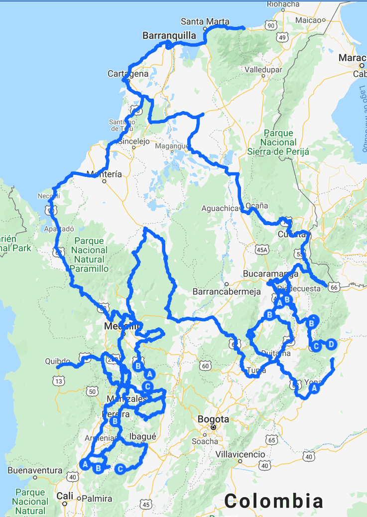 map fo colombia with a route on it