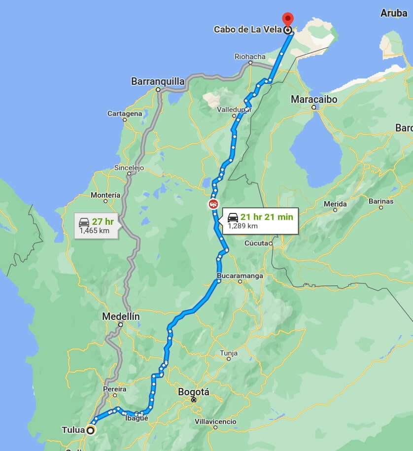 map of Colombia with two routes on it