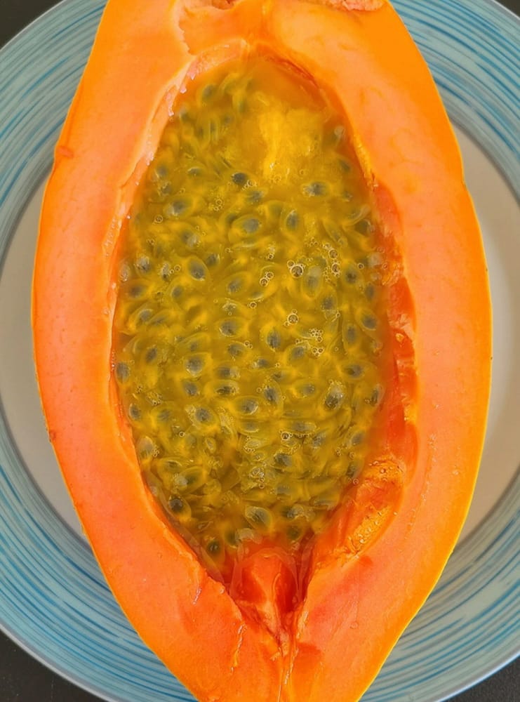 papaya half carved and filled with passion fruit pulp