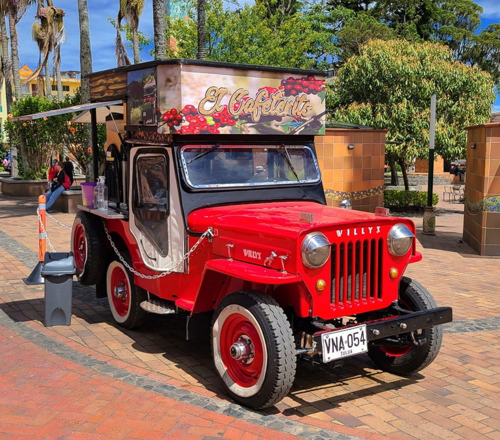 red jeep converted into a mobile coffee shop
