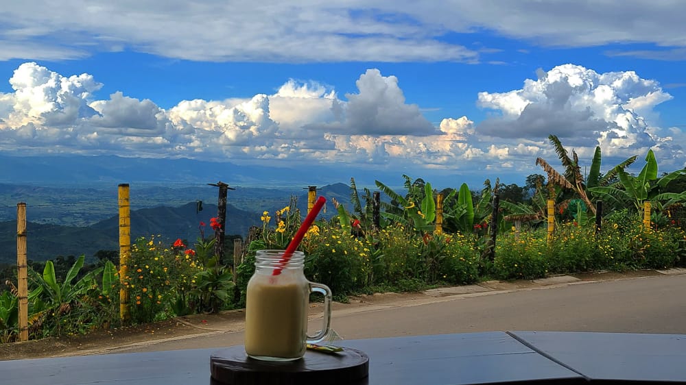  drink sitting on a counter with valley and mountaind behind