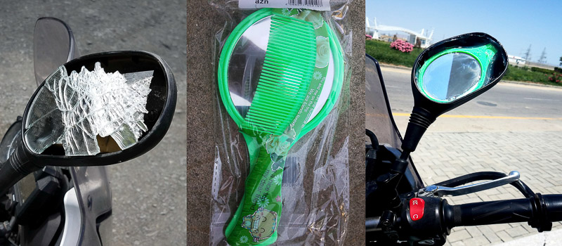 motorcycle mirror replaced by a hand-held beauty mirror