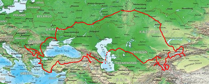 Map of Central Asia with the route outline on it